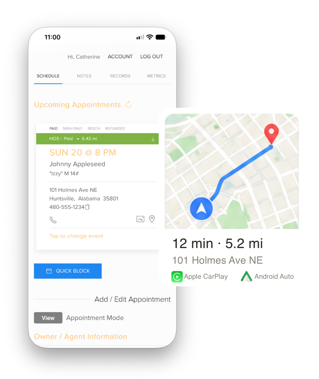 EuthBook schedule on an iPhone with turn-by-turn directions for Apple CarPlay and Android Auto